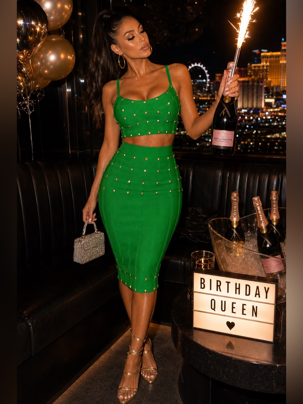 Sydney INC Green Studded Bandage Set Crop Top Midi Skirt Y2K Clubwear Small B3